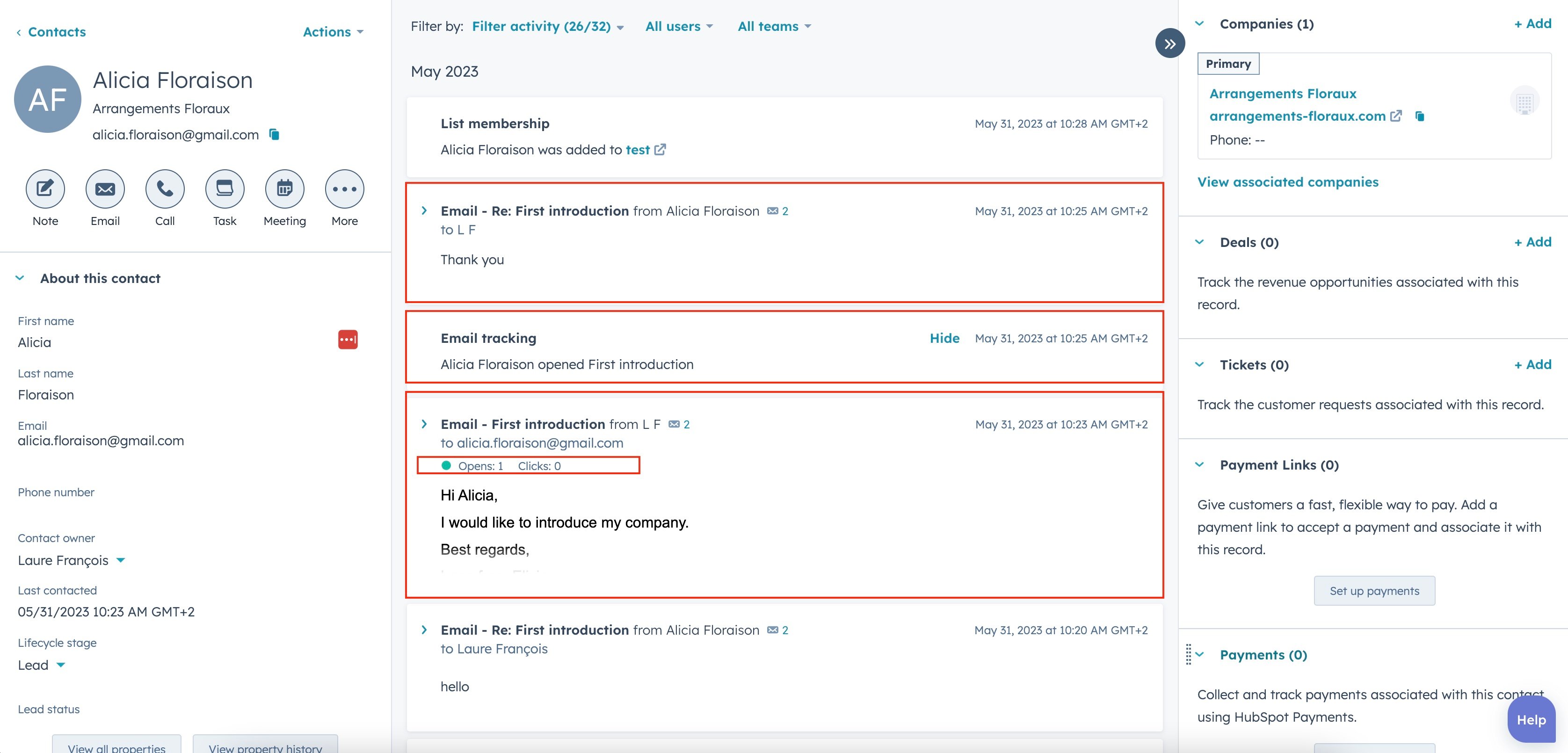  screenshot showcasing the contact record in HubSpot, highlighting the email interactions, and the tracking information.  