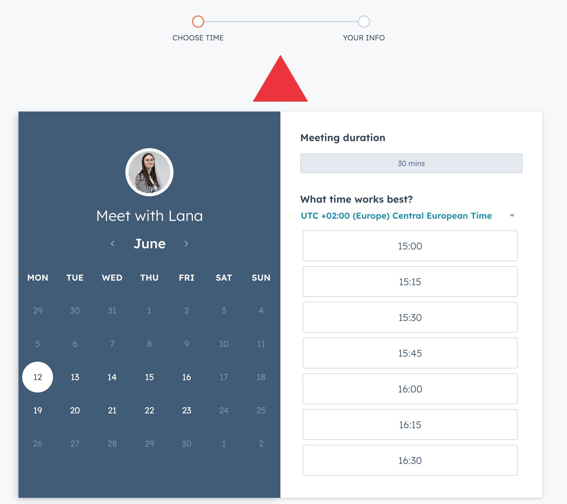  Meeting Scheduling Page: Include a screenshot of the meeting scheduling page, displaying the available time slots and the form for prospects to fill in.