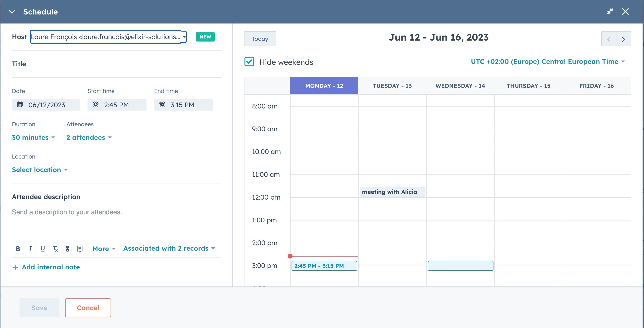 Include a screenshot of the Outlook calendar with an added event from a contact record in HubSpot. Highlight the synced events and their visibility in both platforms.