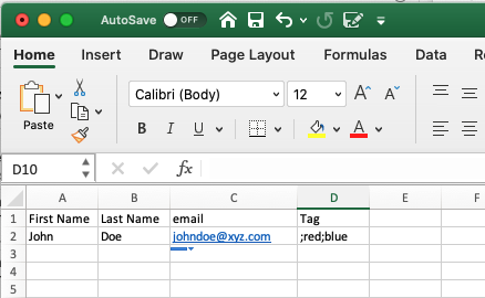 Screenshot excel import file with tags
